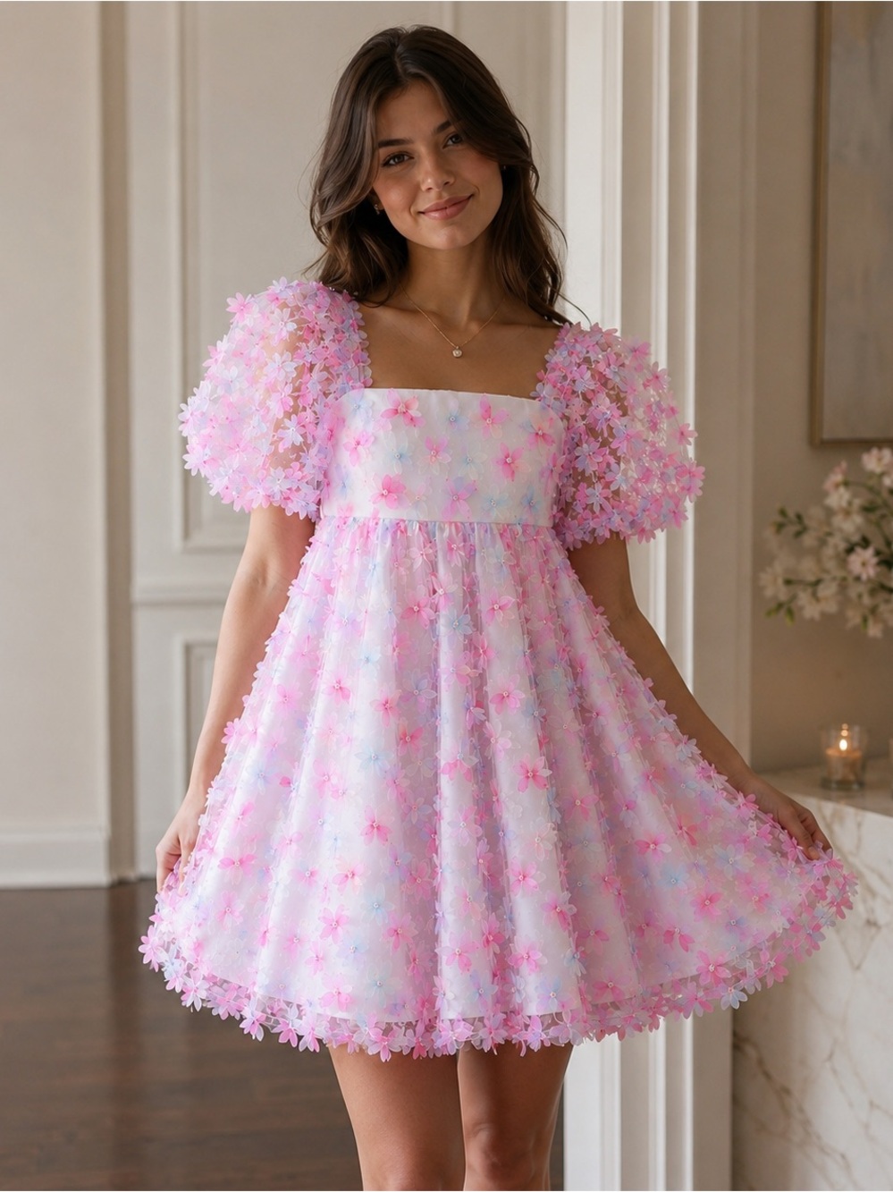 Storia Sz Small Whimsical Fairycore 3D Floral Ribbon Tulle Babydoll Dress Pastel